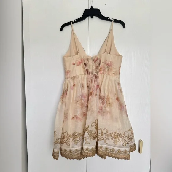 Zimmermann Hypnotic Plunge Neck Linen Silk Minidress In Cream Peony AU 3 US 10 - Picture 7 of 16